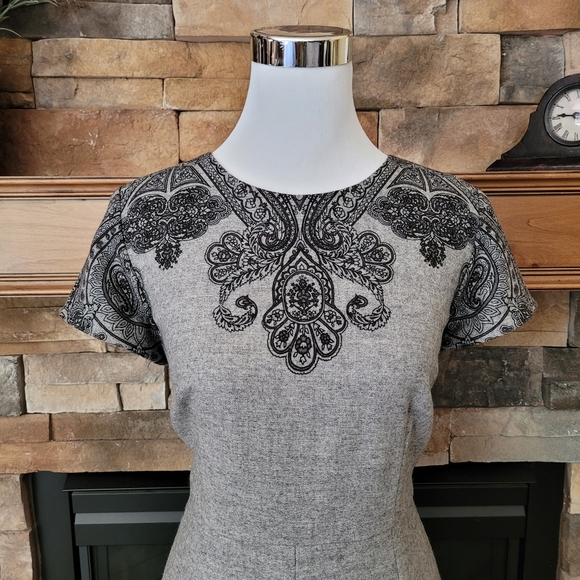 Talbots gray scroll print stretch wool dress 8 - Picture 3 of 14